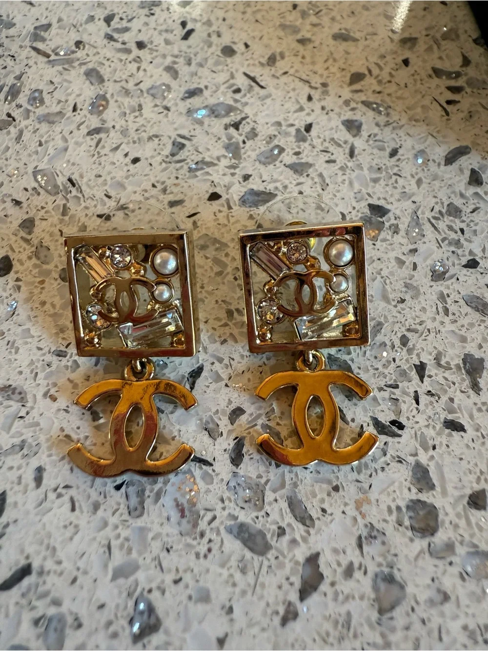 CHANEL Gold-Tone CC Drop Earrings with Pearl and Crystal Accents